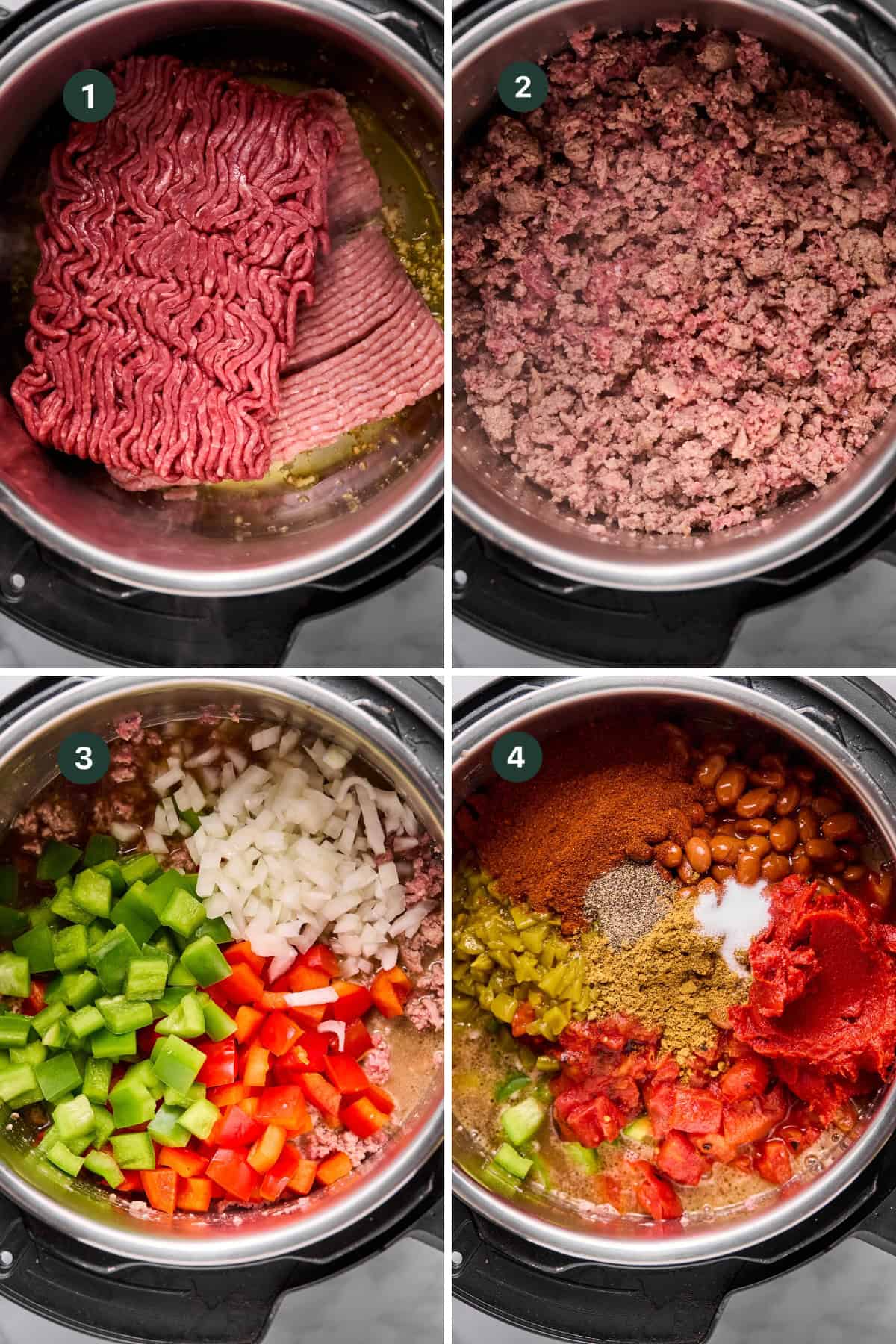 Four-step collage of macro friendly chili cooking in an Instant Pot: 1) raw ground beef, 2) browned beef, 3) added chopped onions and bell peppers, 4) added beans, tomatoes, tomato paste, spices, and green chilies.
