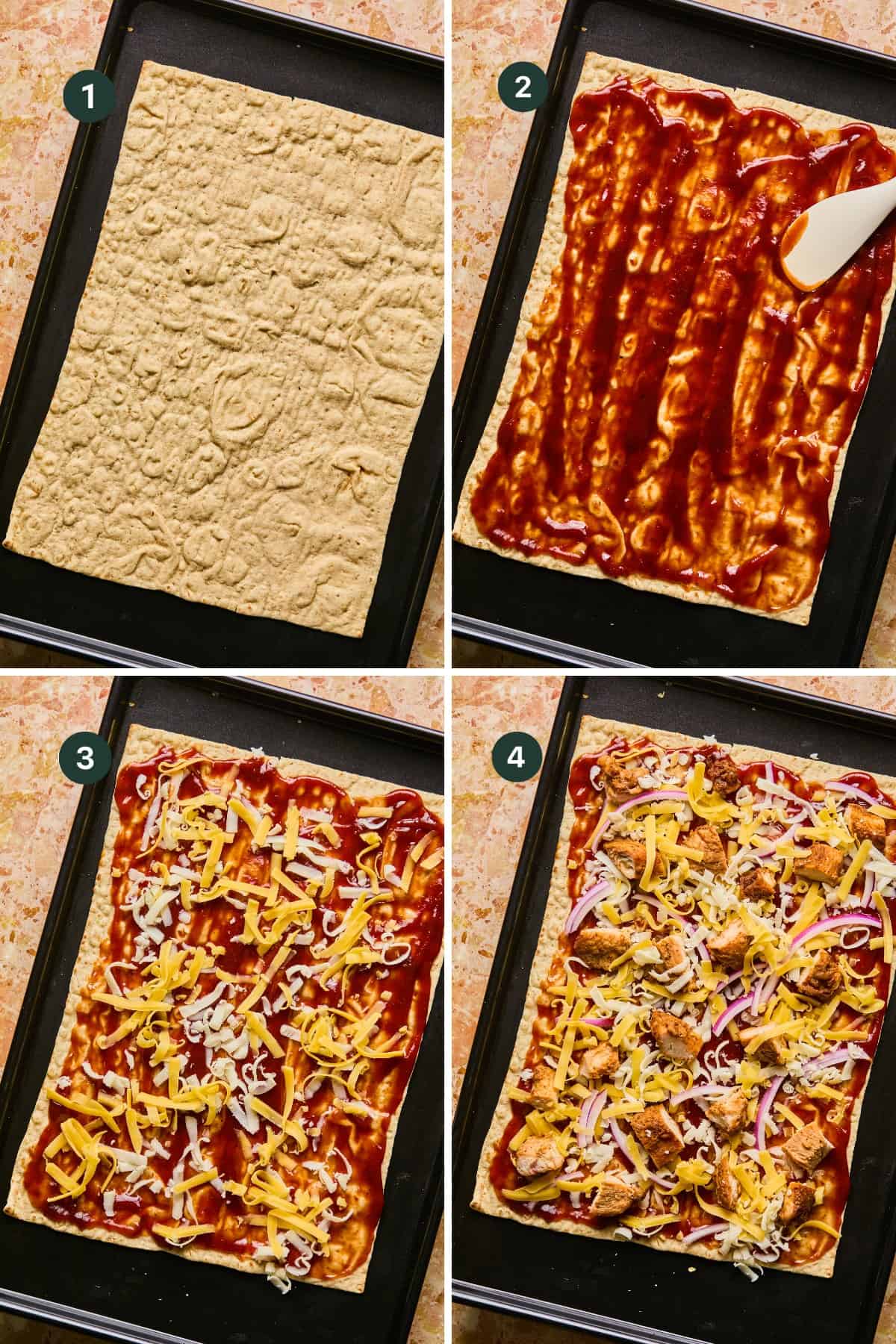 Uncooked rectangular lavash pizza dough rests on a baking sheet. A layer of tomato sauce is spread evenly, followed by a sprinkle of shredded cheese. Toppings like chicken, onions, and peppers add the final touch to this delectable creation.