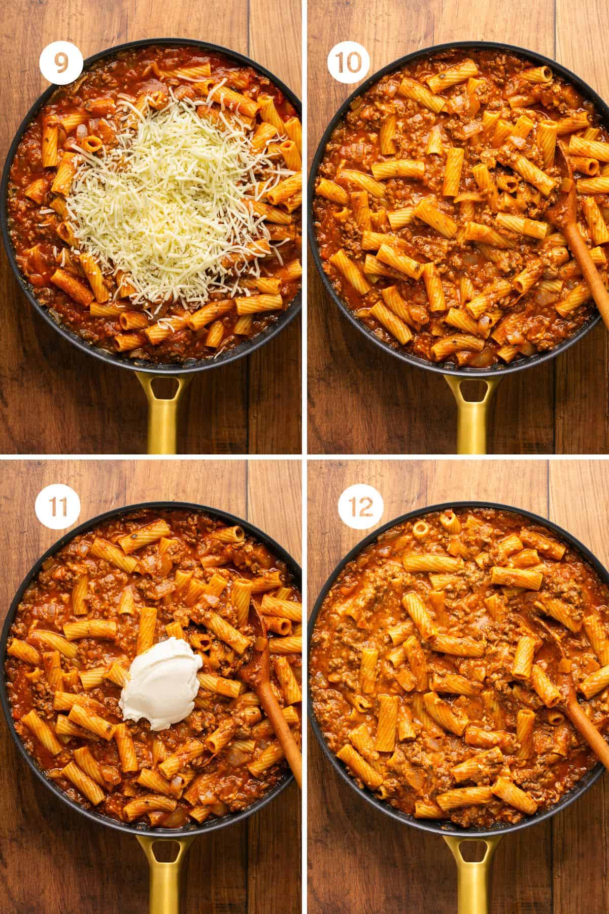 Four images showing shredded mozzarella being adding the the pasta and combined followed by ricotta cheese stirred in and combined. 