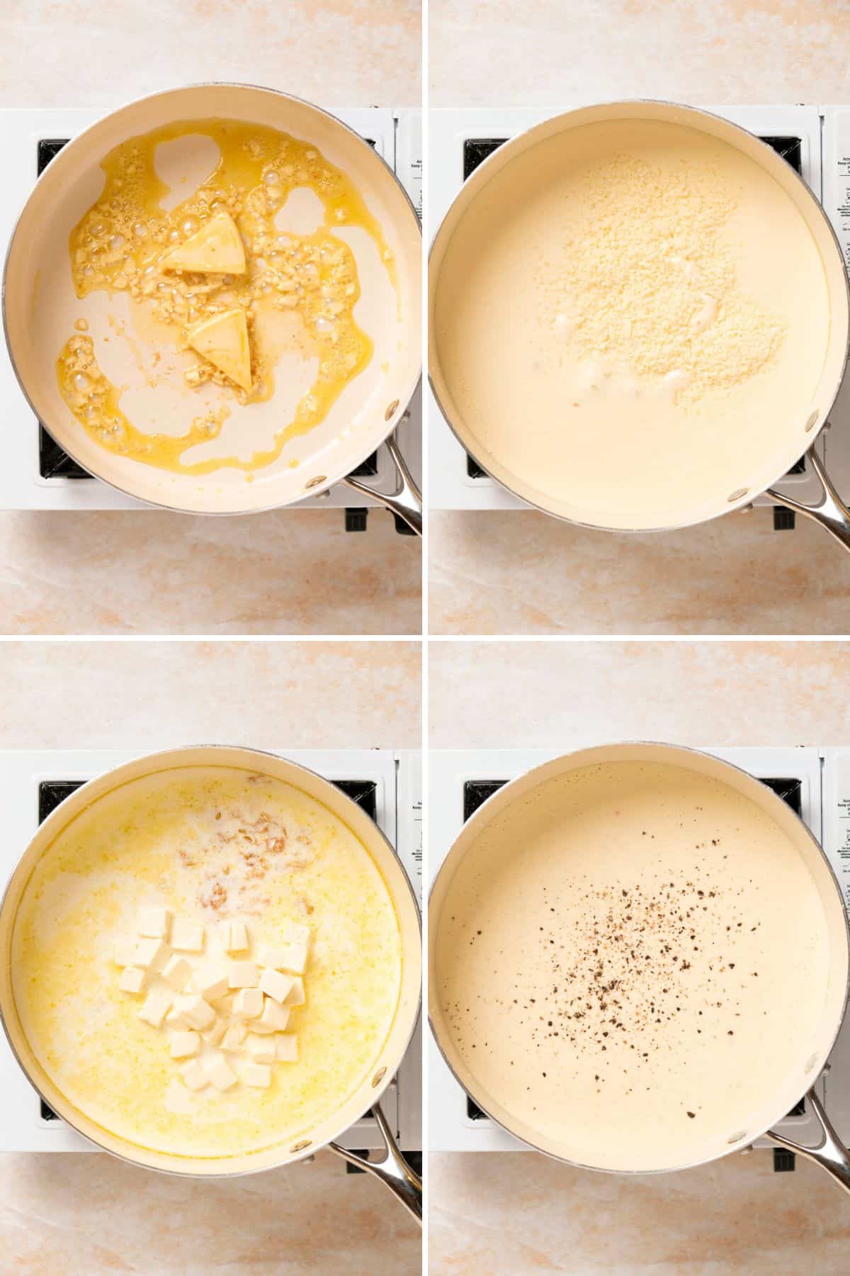 Collage of adding ingredients to a skillet to make alfredo sauce.