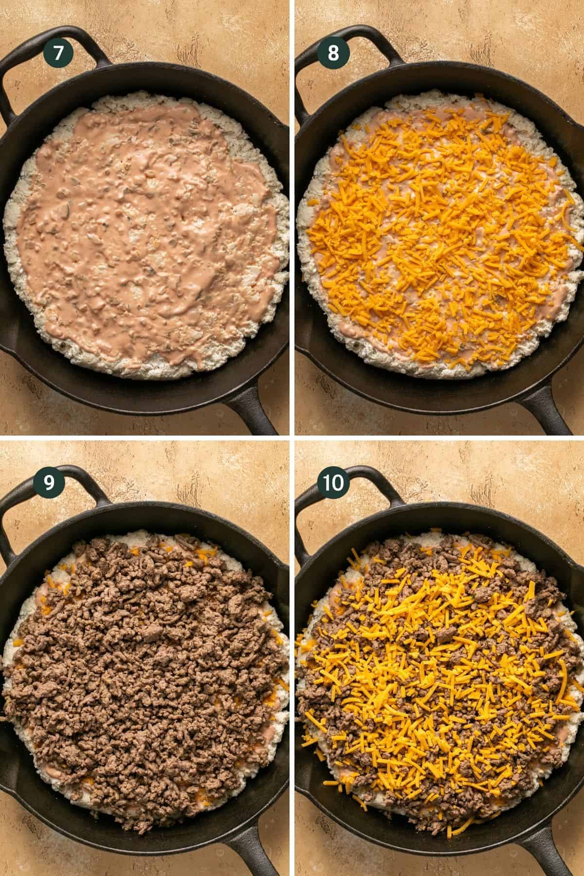 Steps showing saucing the raw dough, topping with shredded cheese, meat and more cheese in a cast iron. 