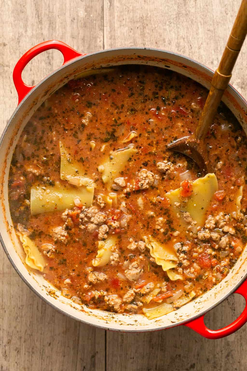 Creamy mixed lasagna soup in the dutch oven. 