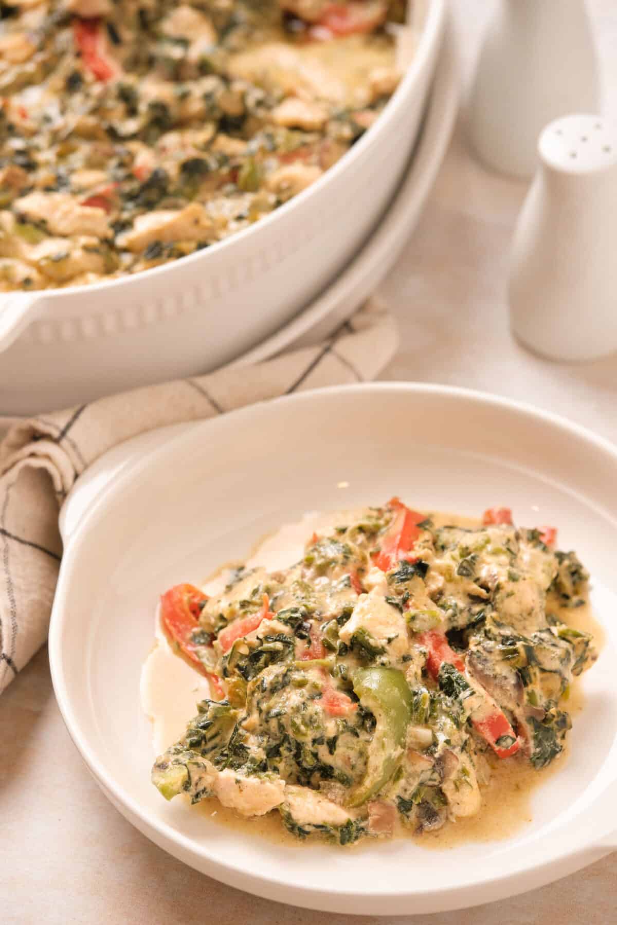 Chicken and veggie casserole on a plate.