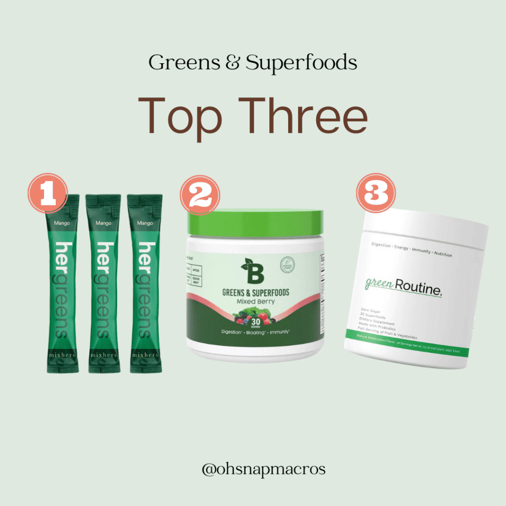 Graphic with text \"Greens & Superfoods Top Three\" and images of hergreens, mixed berry, and green Routine.