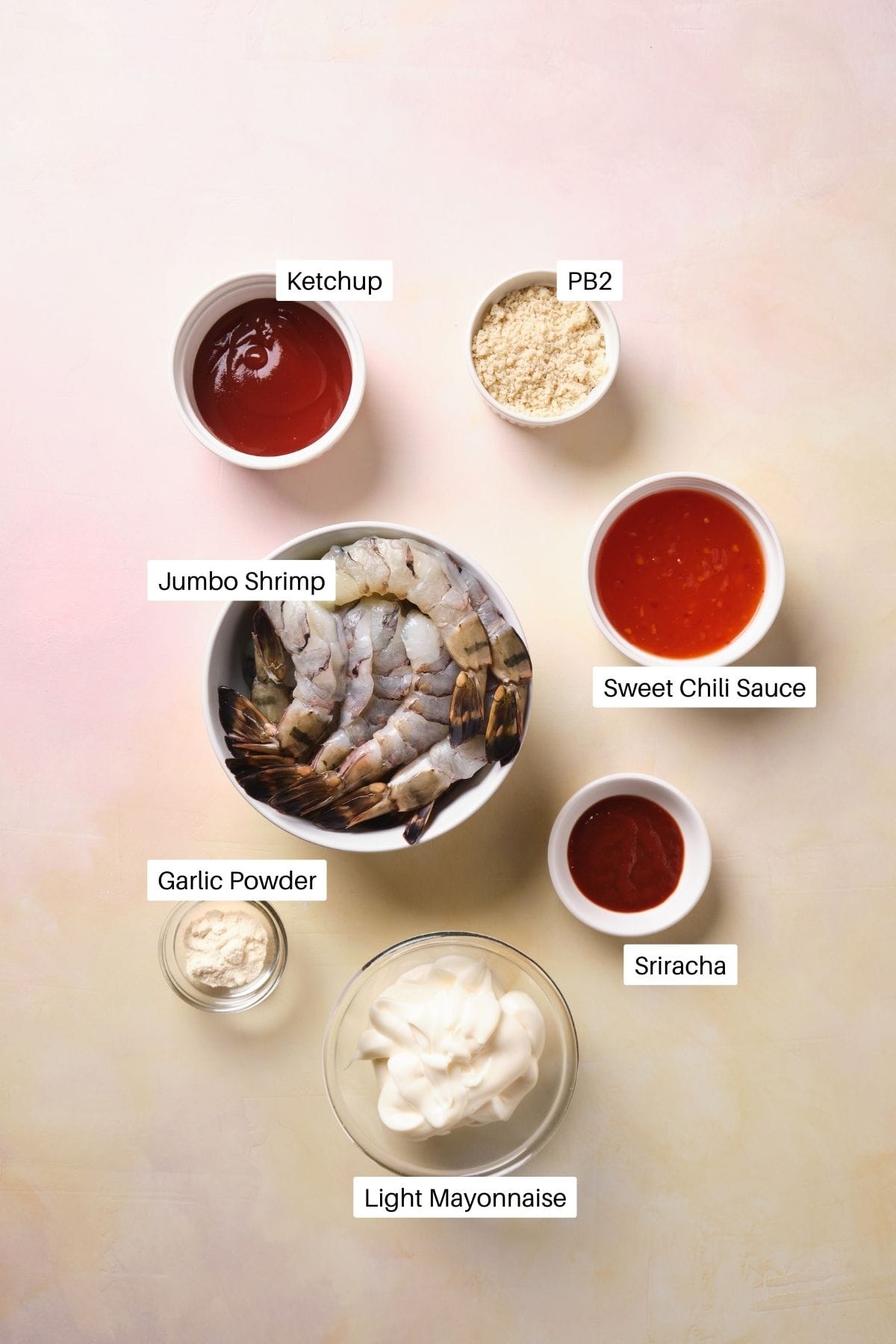 Boom boom shrimp ingredients including ketchup, sriracha, and PB2.