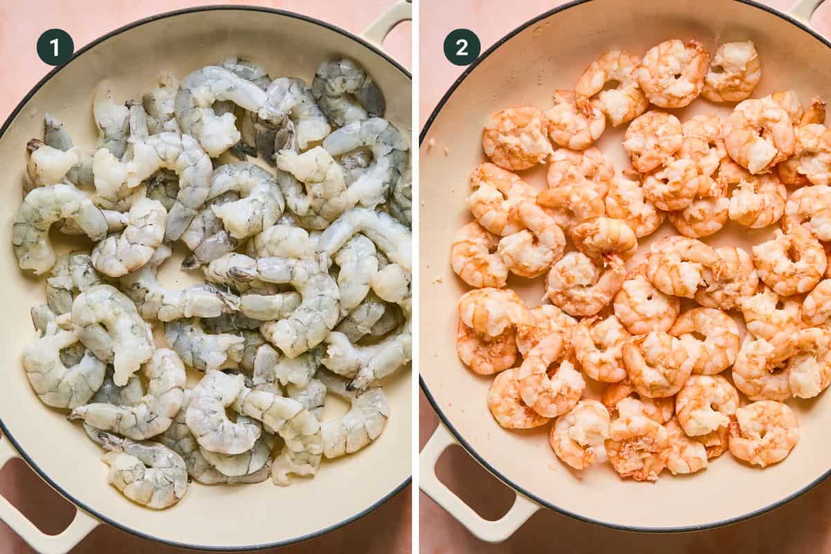 A split image reveals the transformation of boom boom shrimp: on the left, raw and gray shrimp sizzle in a pan; on the right, they turn pink and savory. Both images are numbered 1 and 2, capturing the delicious evolution.