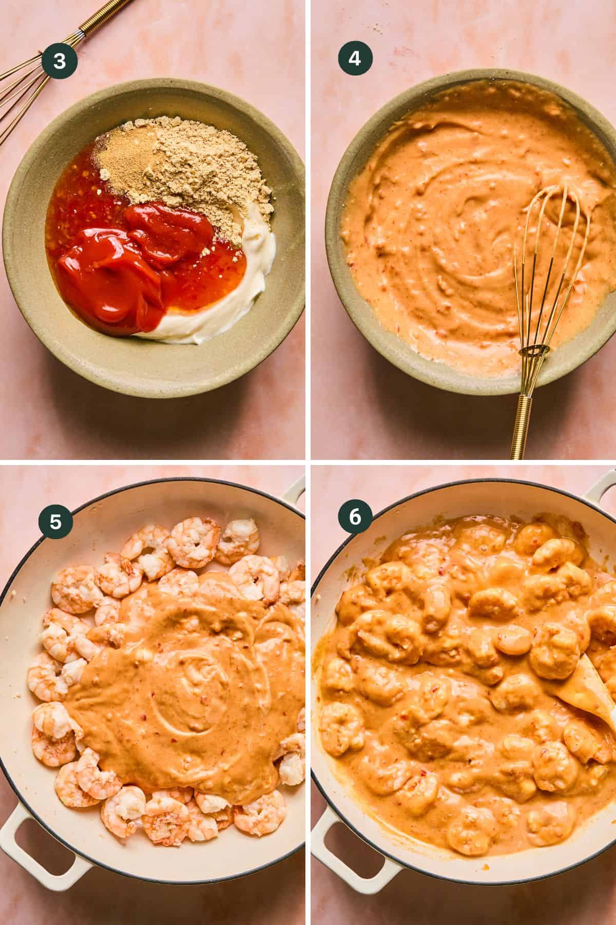 Four-step image showing Boom Boom Shrimp in a creamy sauce. Step 3: Ingredients mixed in a bowl include sauces and powders. Step 4: Ingredients whisked into a smooth mixture. Step 5: Boom Boom Sauce poured over shrimp in a pan. Step 6: Shrimp cooked to perfection in the creamy sauce.