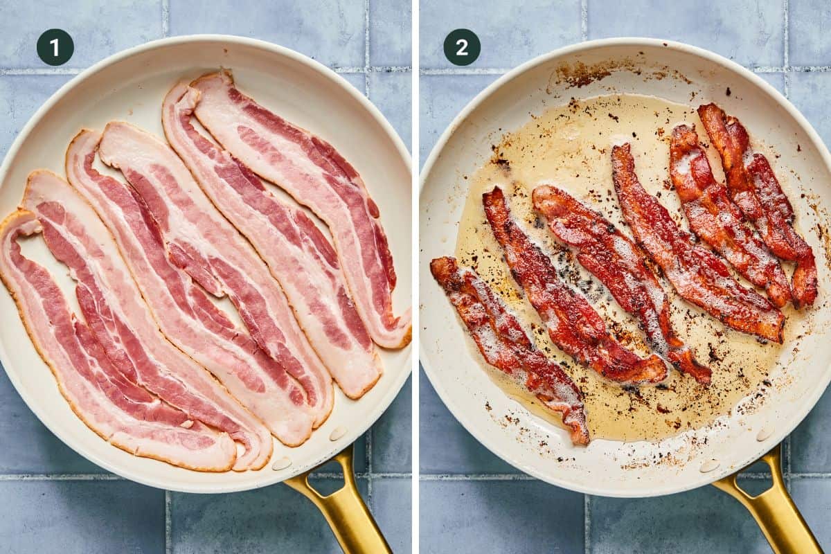 Two side-by-side images of bacon in a frying pan capture the transformation from raw strips to crispy delight. Its easy to imagine these succulent pieces filling chicken bacon ranch sliders, ready for a flavorful bite. Both pans rest on a light blue tiled surface.