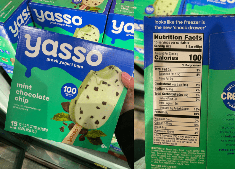 Yasso Greek yogurt bars with 100 calories per serving.