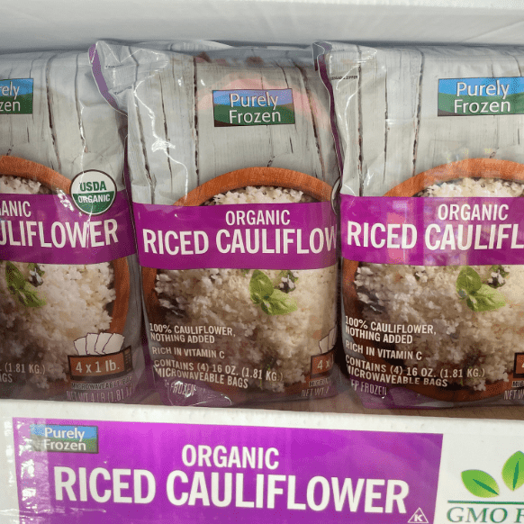 Bags of Purely Frozen organic riced cauliflower.