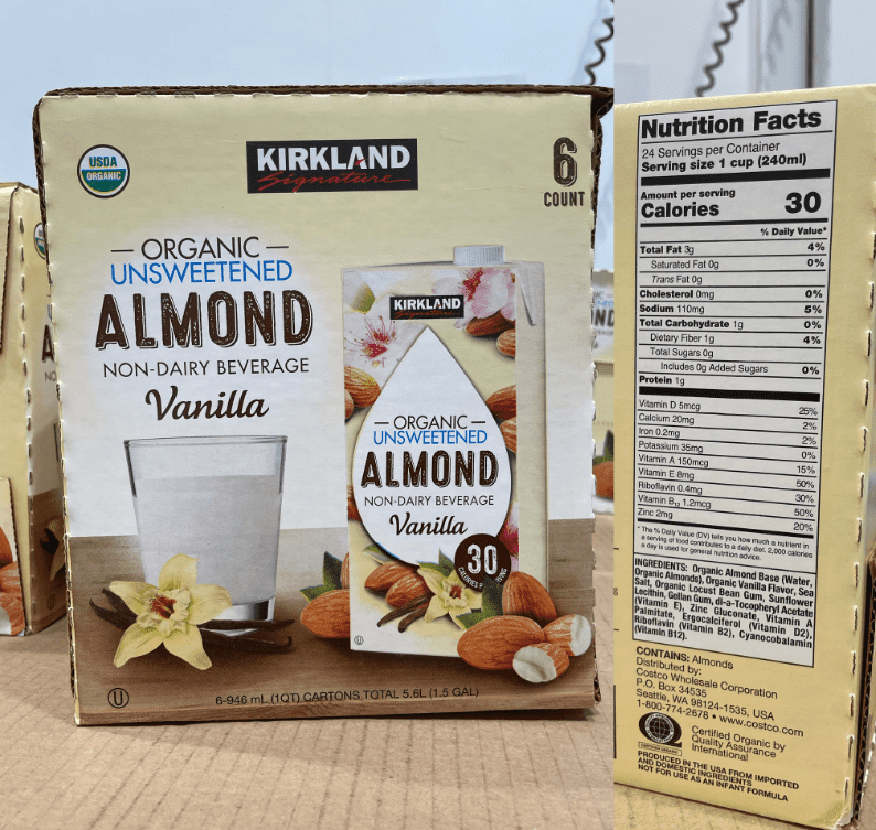 Kirkland almond beverage with 30 calories per serving.