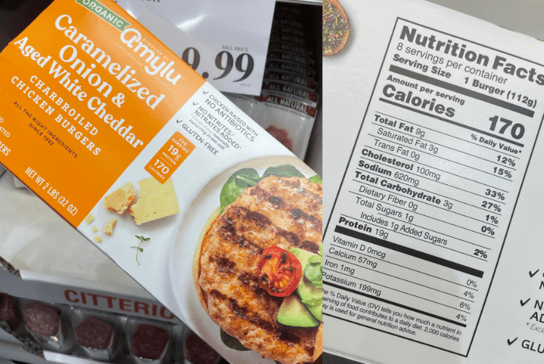 Amylu chicken burgers with 170 calories per serving.