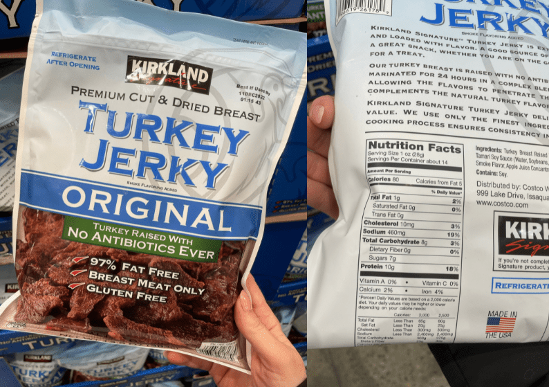 Kirkland turkey jerky with 80 calories per serving.