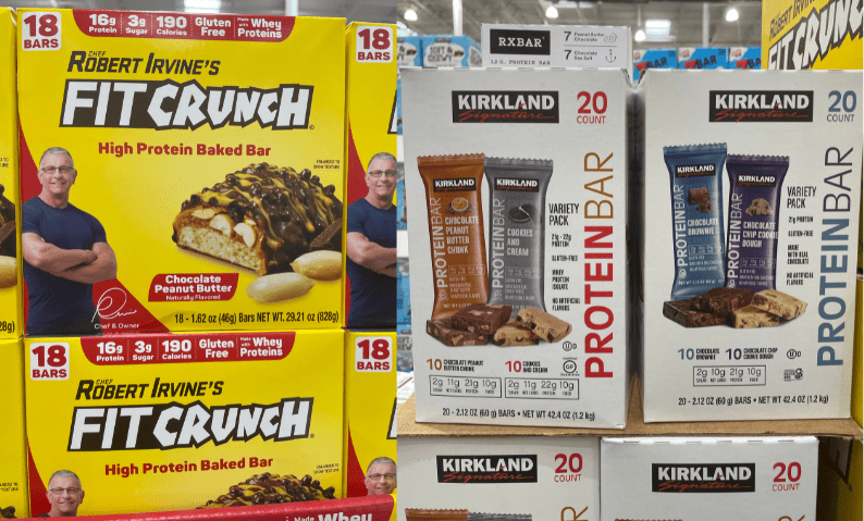 Box of Kirkland protein bars.