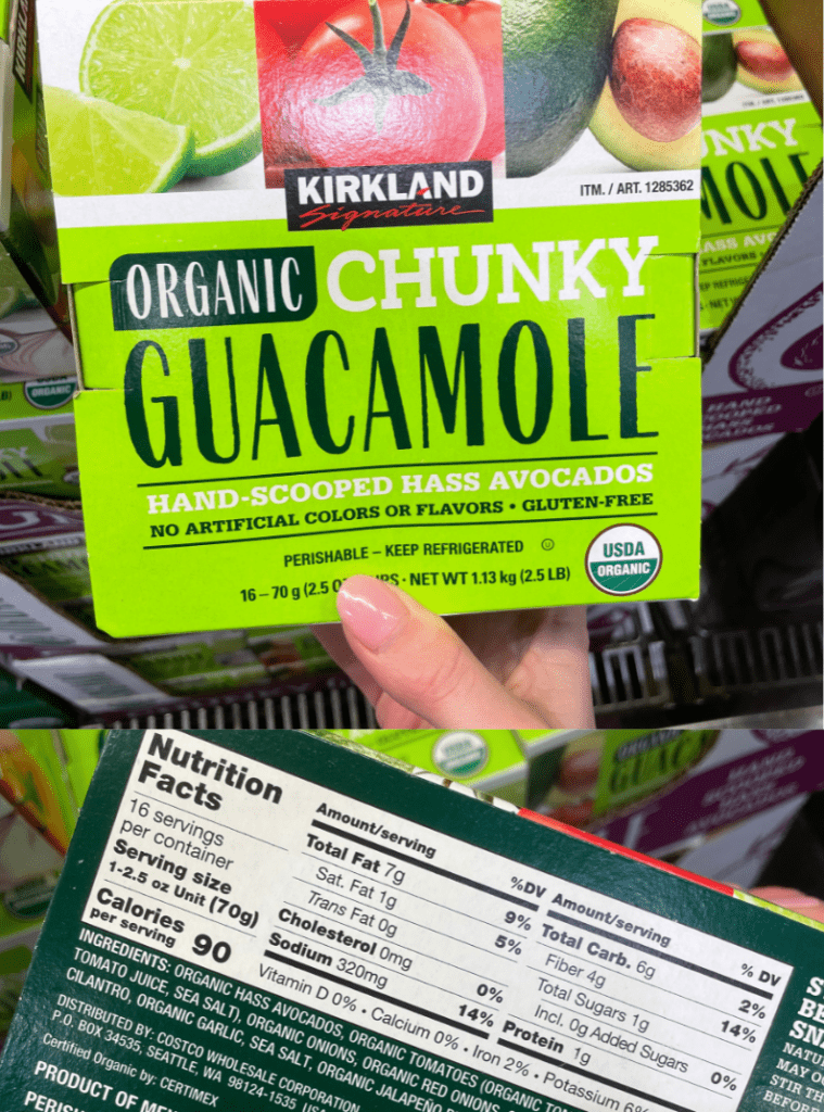 Kirkland guacamole with 90 calories per serving.