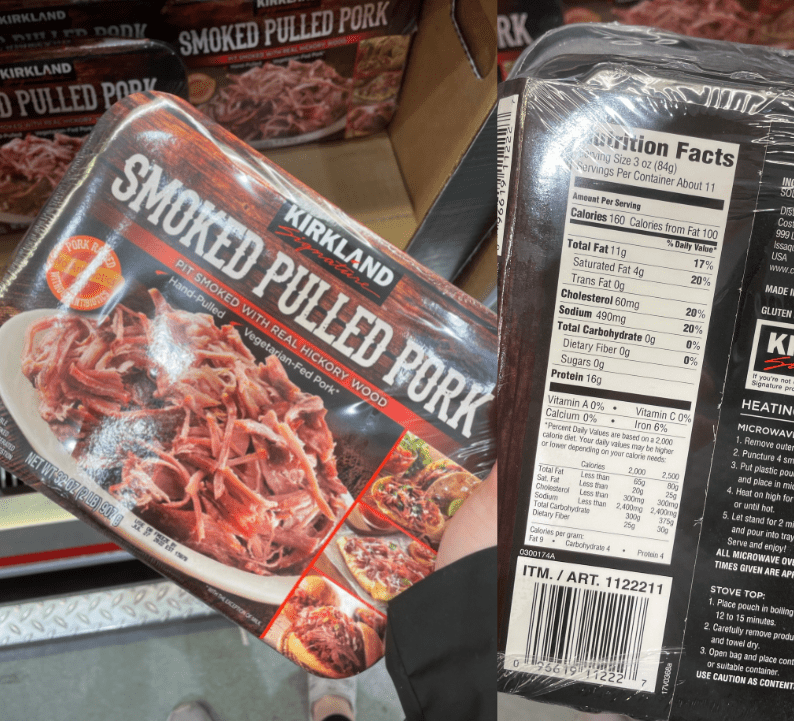 Kirkland smoked pulled pork with 160 calories per serving.