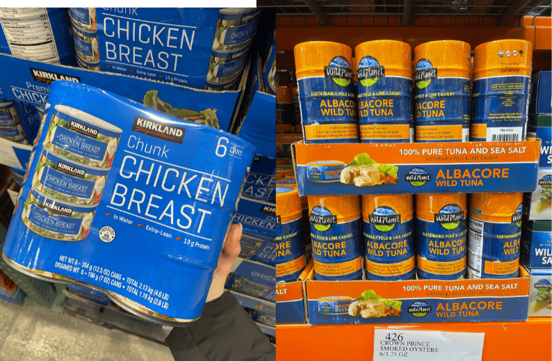 Cans of chicken breast and tuna.
