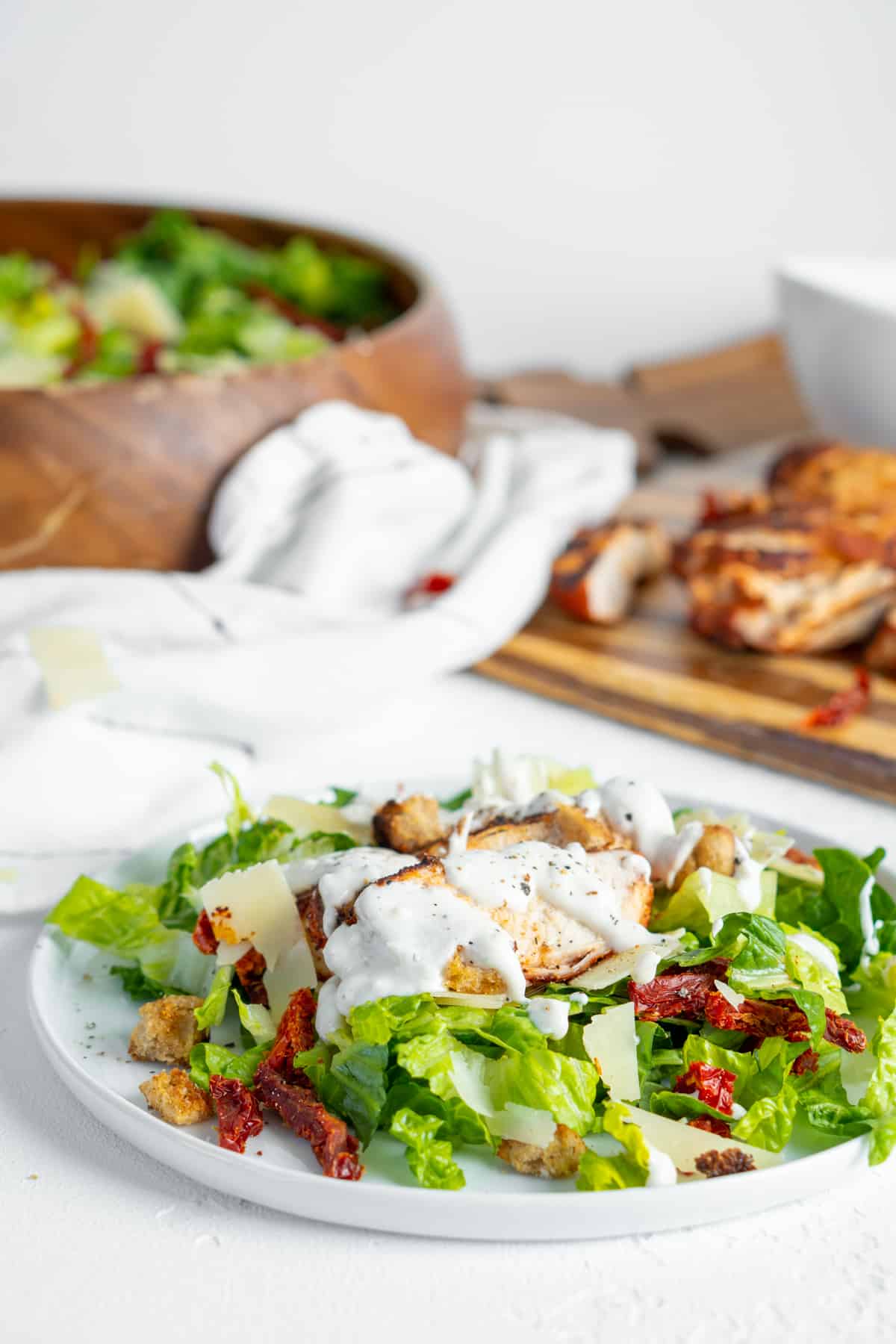 Plate of blackened chicken Caesar salad.