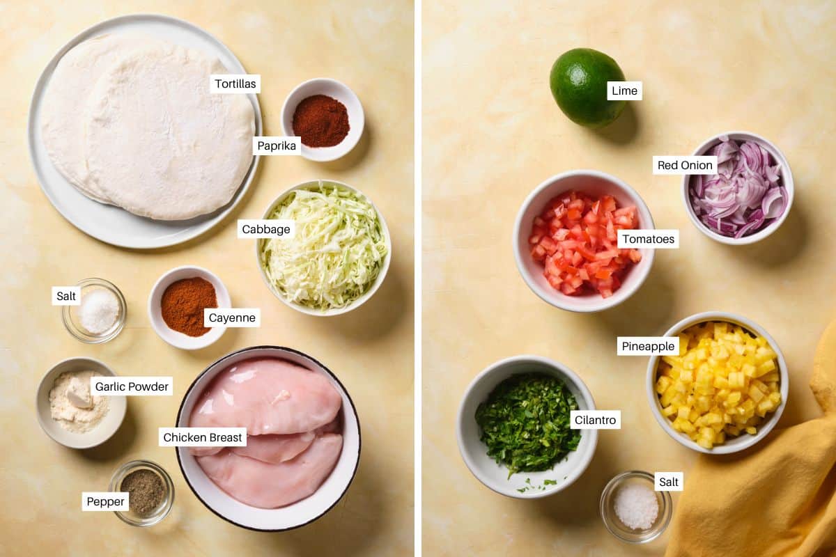 Two panels show ingredients for blackened chicken tacos. Left: tortillas, paprika, cayenne, cabbage, garlic powder, salt, pepper, chicken breast. Right: lime, red onion, tomatoes, pineapple, cilantro, salt. A yellow cloth is at the bottom right.