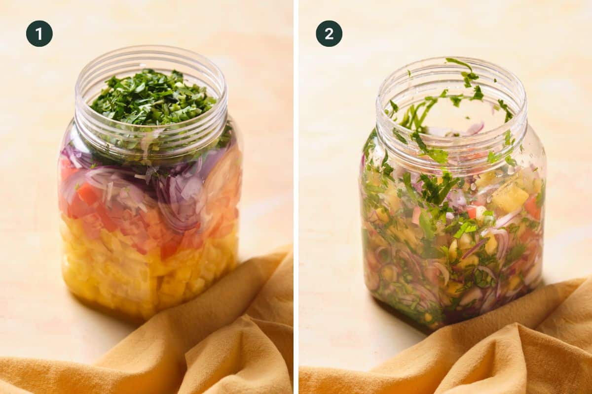 Two images side by side. Image 1: A jar with layers of chopped pineapple, tomato, onion, and herbs, perfect for topping blackened chicken tacos. Image 2: The same jar after shaking, mixing the ingredients together. A yellow cloth is beneath the jar.