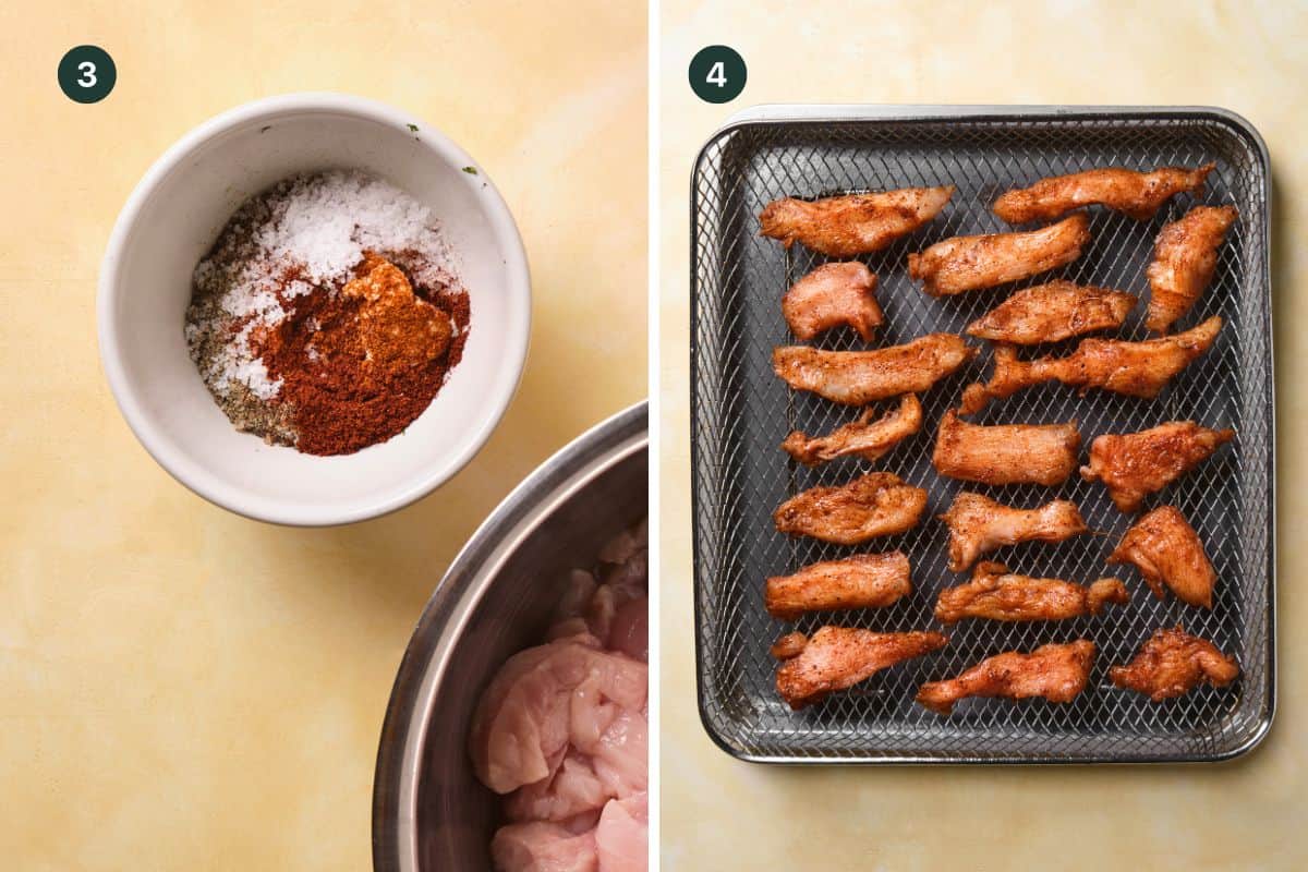 The image is split into two. On the left, a bowl containing spices and another with raw chicken. On the right, blackened chicken pieces are arranged on a wire rack over a baking sheet, reminiscent of mouthwatering blackened chicken tacos.