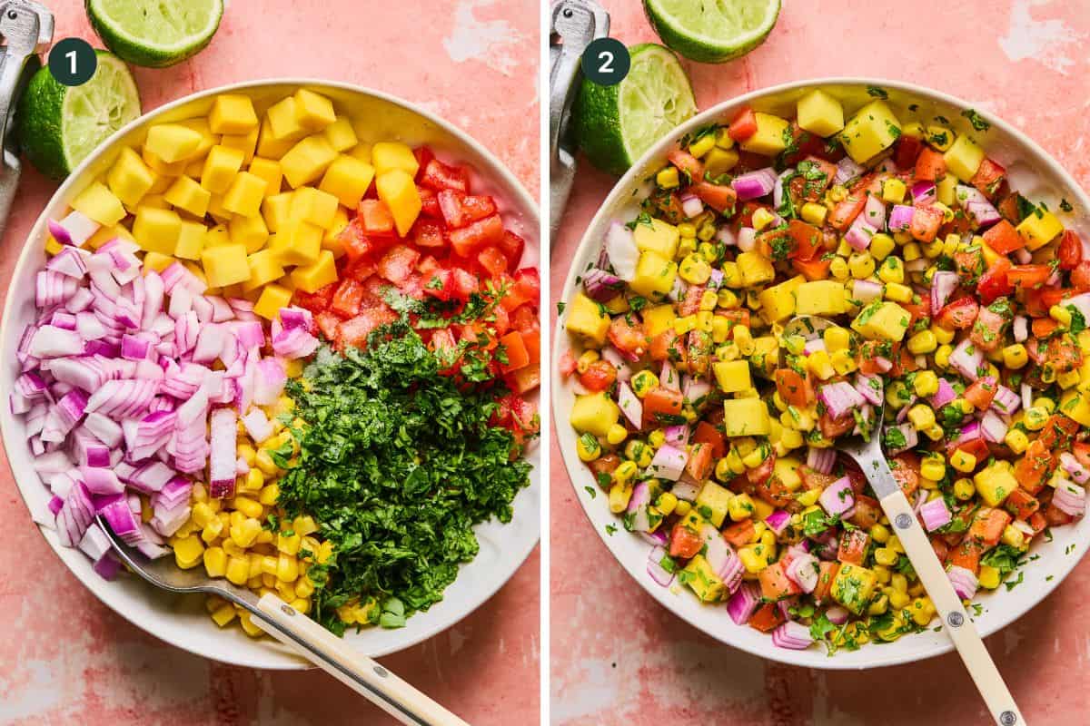 Two side-by-side images of mango salsa, perfect for topping air fryer shrimp tacos. The left shows diced mango, red pepper, red onion, cilantro, and corn in a bowl. The right features the same ingredients mixed. Two lime halves and a fork rest beside the bowl.