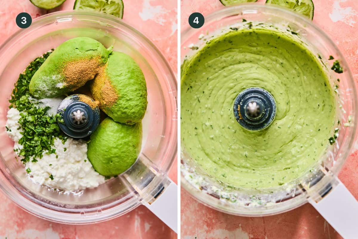 Left image: Ingredients like avocado halves, cilantro, spices, and a white substance in a food processor. Right image: The same processor blends these into a smooth, creamy green mixture, perfect for topping air fryer shrimp tacos with an irresistible burst of flavor.