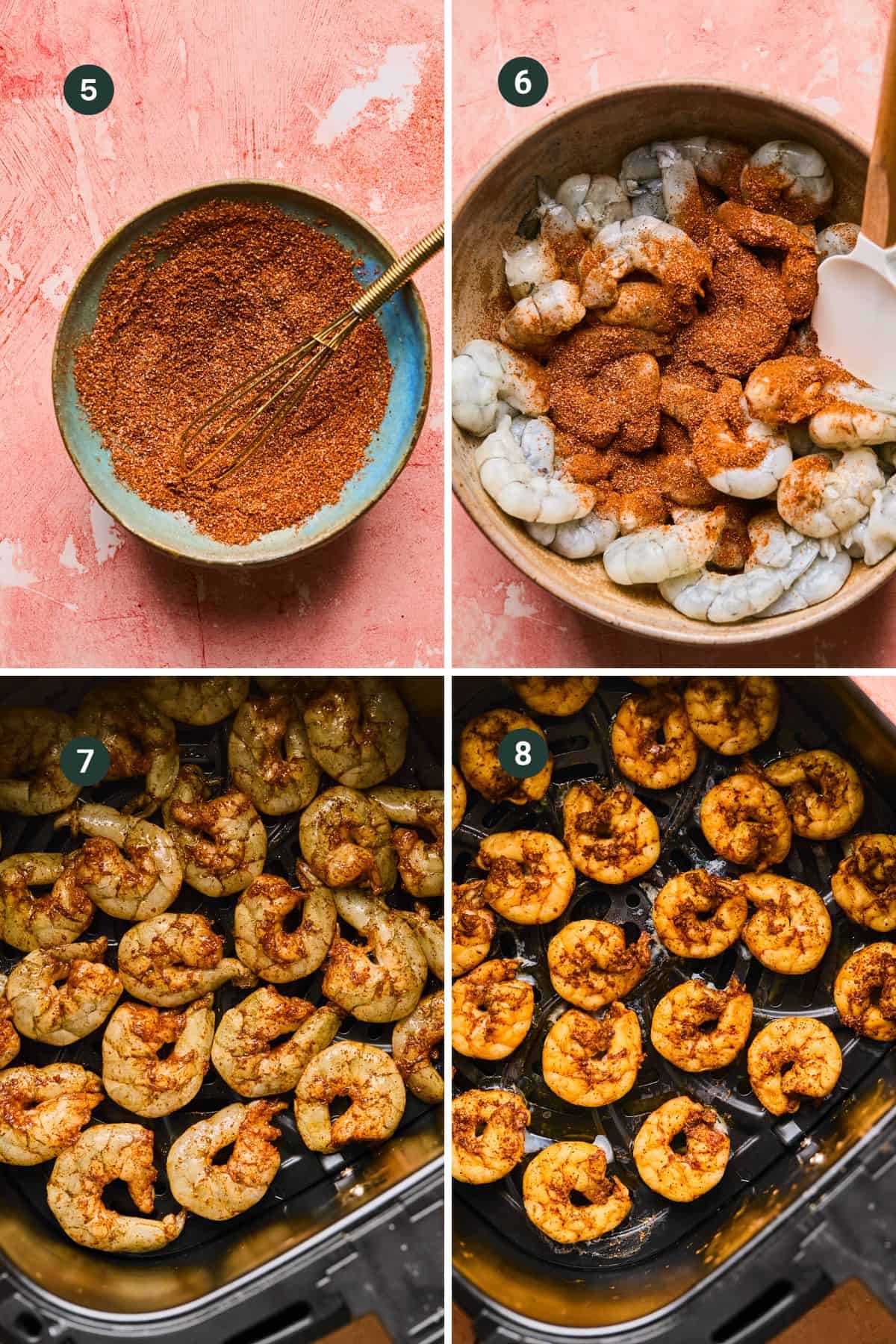 Four images showing the process of seasoning and cooking air fryer shrimp tacos. Top left: spice mix in a bowl with a whisk. Top right: raw shrimp with spices. Bottom left: seasoned shrimp in air fryer. Bottom right: cooked shrimp ready for delicious tacos.