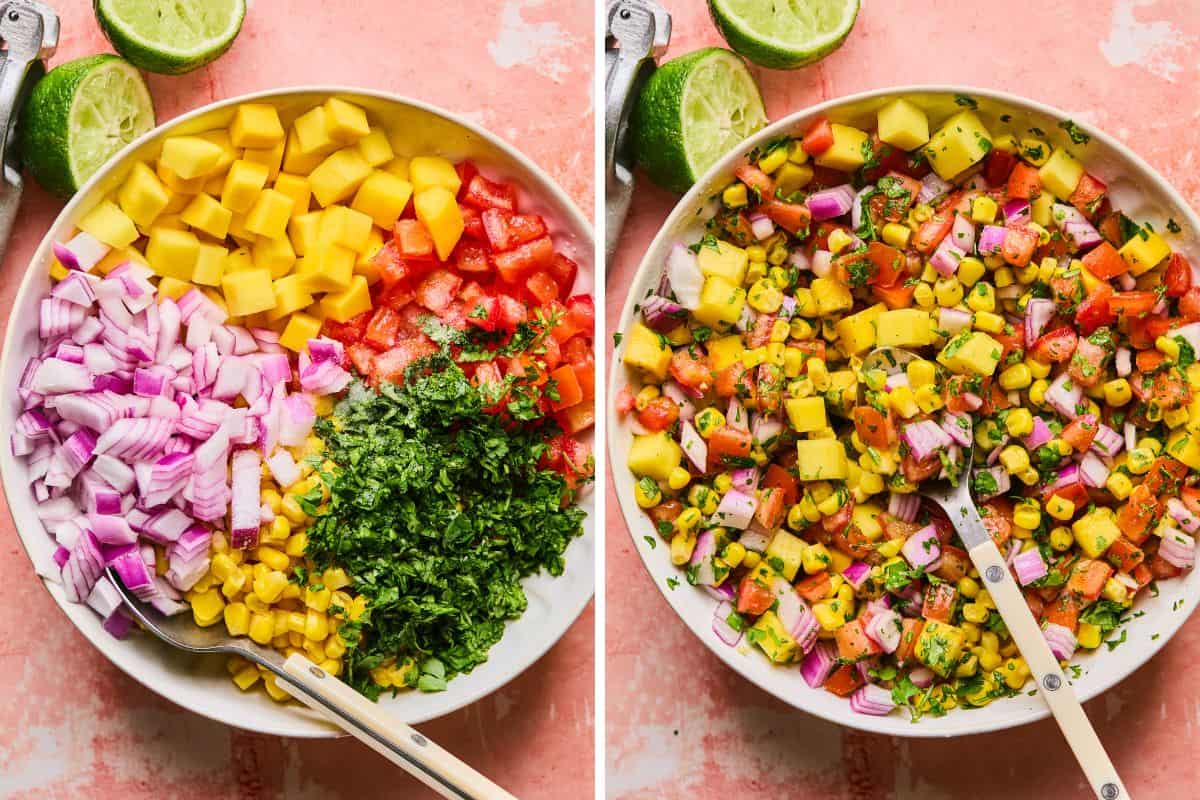 Side-by-side images of a vibrant mango corn salsa being mixed. Left: chopped red onion, mango, red bell pepper, cilantro, and corn in a bowl. Right: the ingredients perfectly blended together. Two lime halves are beside the bowl on a pink surface.