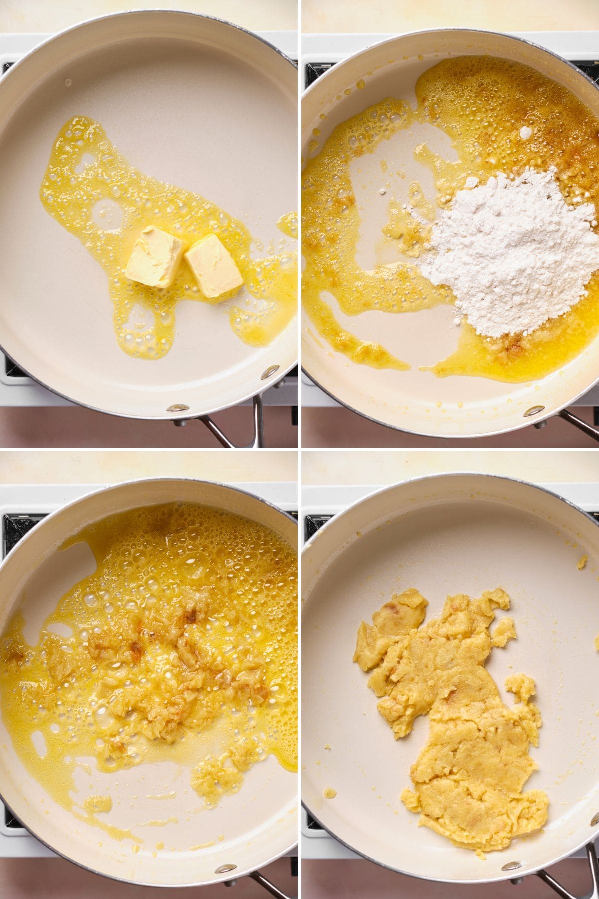 Collage of creating a sauce with butter and flour.