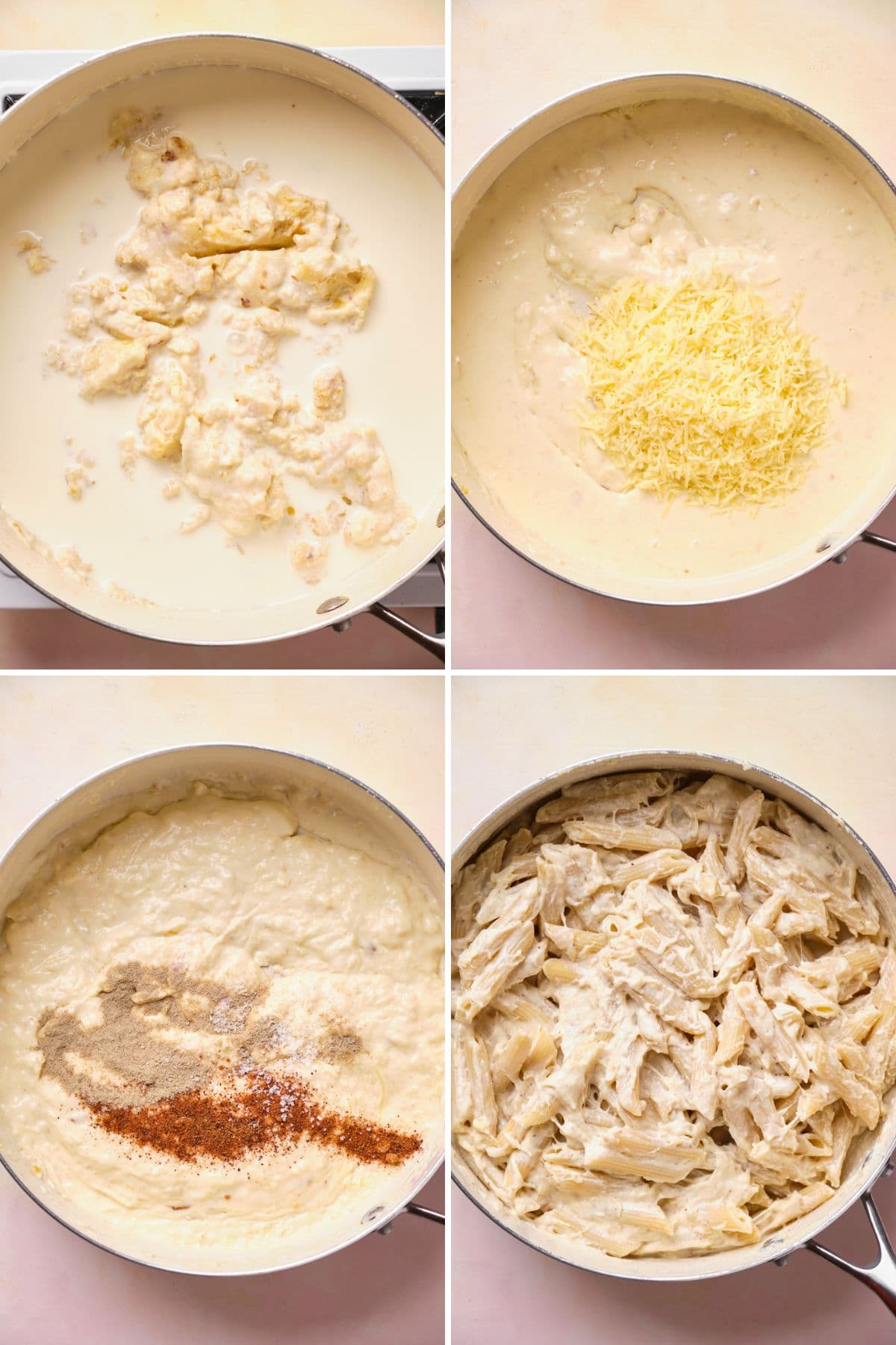 Collage of adding cheese and seasonings to a pan.