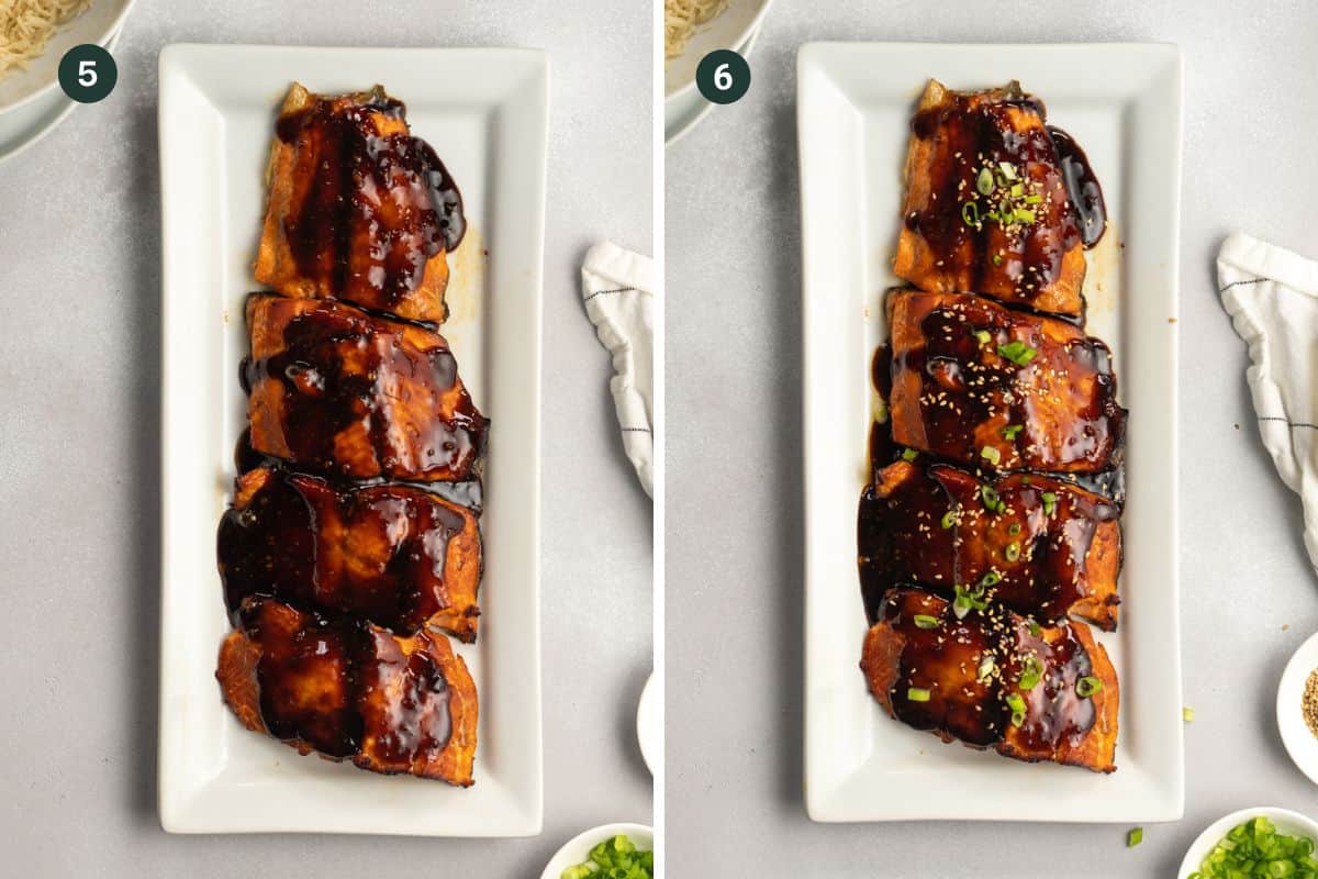 Two rectangular white plates of air fryer teriyaki salmon fillets are placed side by side. The left plate shows the salmon with a rich, dark glaze, while the right plate is garnished with green onions and sesame seeds. Various small bowls are around the plates.