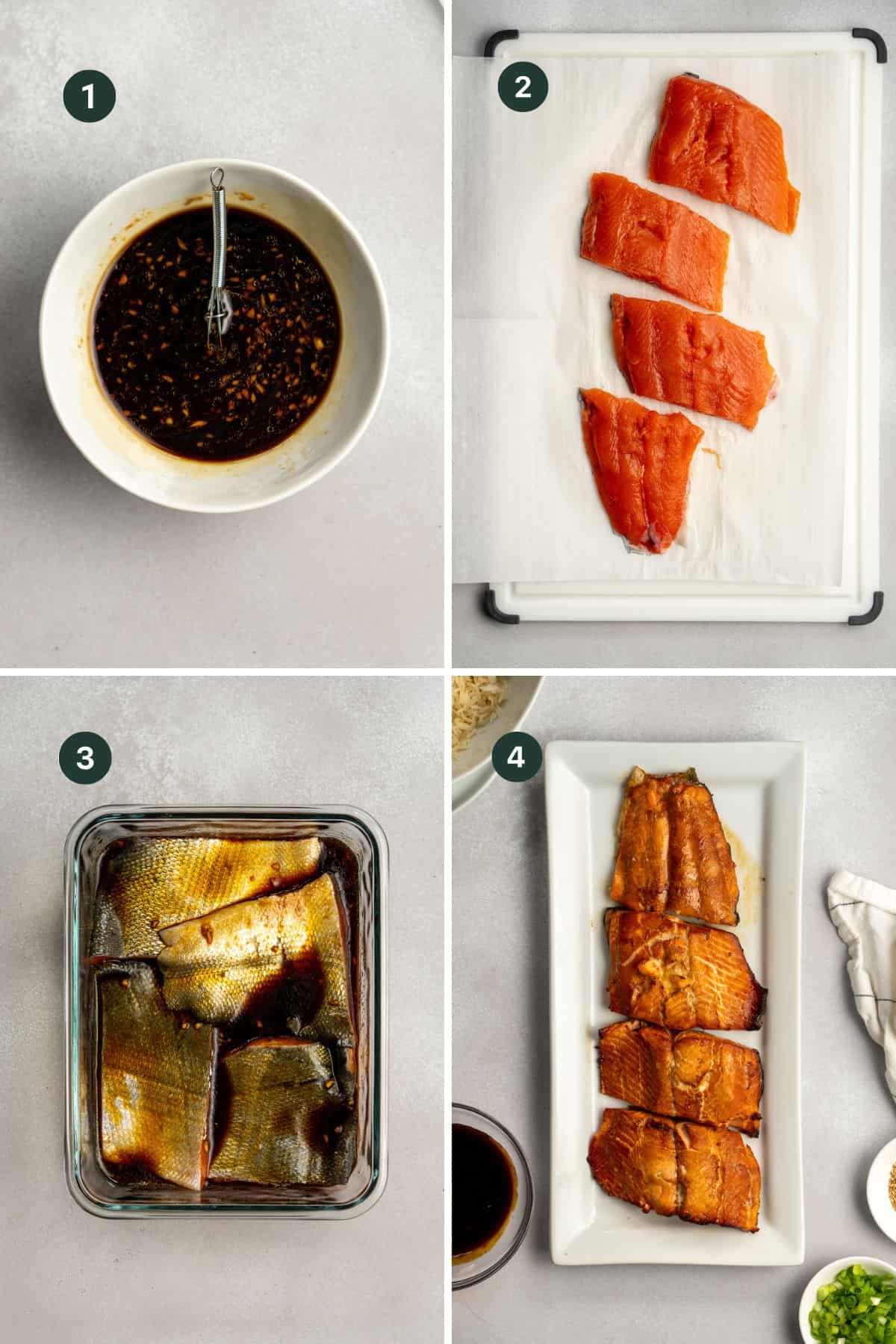 Image collage showing a four-step process for marinating fish: 1) A bowl of dark marinade with a spoon. 2) Raw salmon fillets on a tray. 3) Salmon soaking in teriyaki marinade. 4) Air fryer teriyaki salmon cooked to perfection, arranged on a plate.