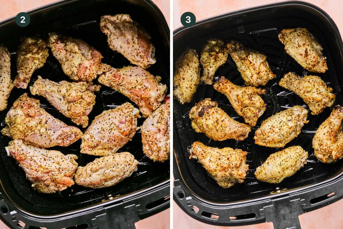 Side-by-side images of Hot Honey Lemon Pepper Wings in an air fryer basket: on the left, raw and seasoned wings before cooking; on the right, the same wings cooked to a golden brown. Both baskets are black with ridged bottoms.