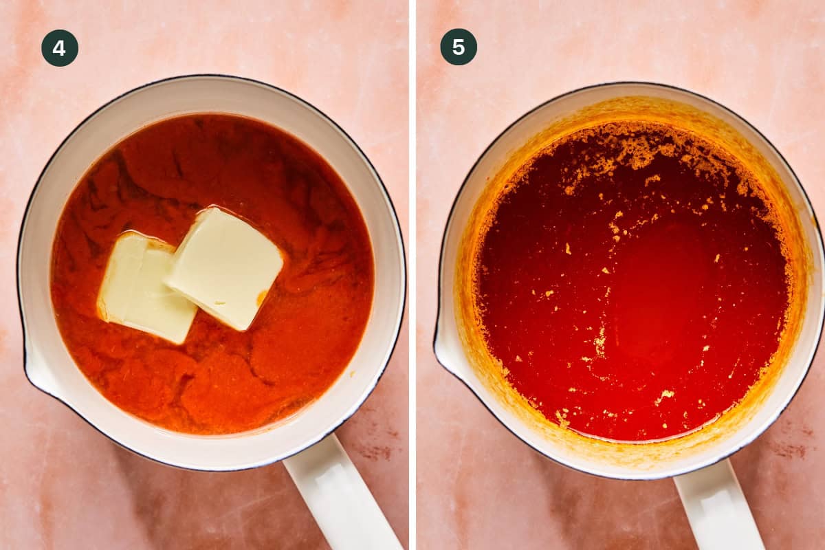 Side-by-side images of a white saucepan: the left shows a red sauce with two butter slices, and the right shows the melted, glossy sauce—perfect for coating Hot Honey Lemon Pepper Wings. Each image is labeled with numbers 4 and 5.