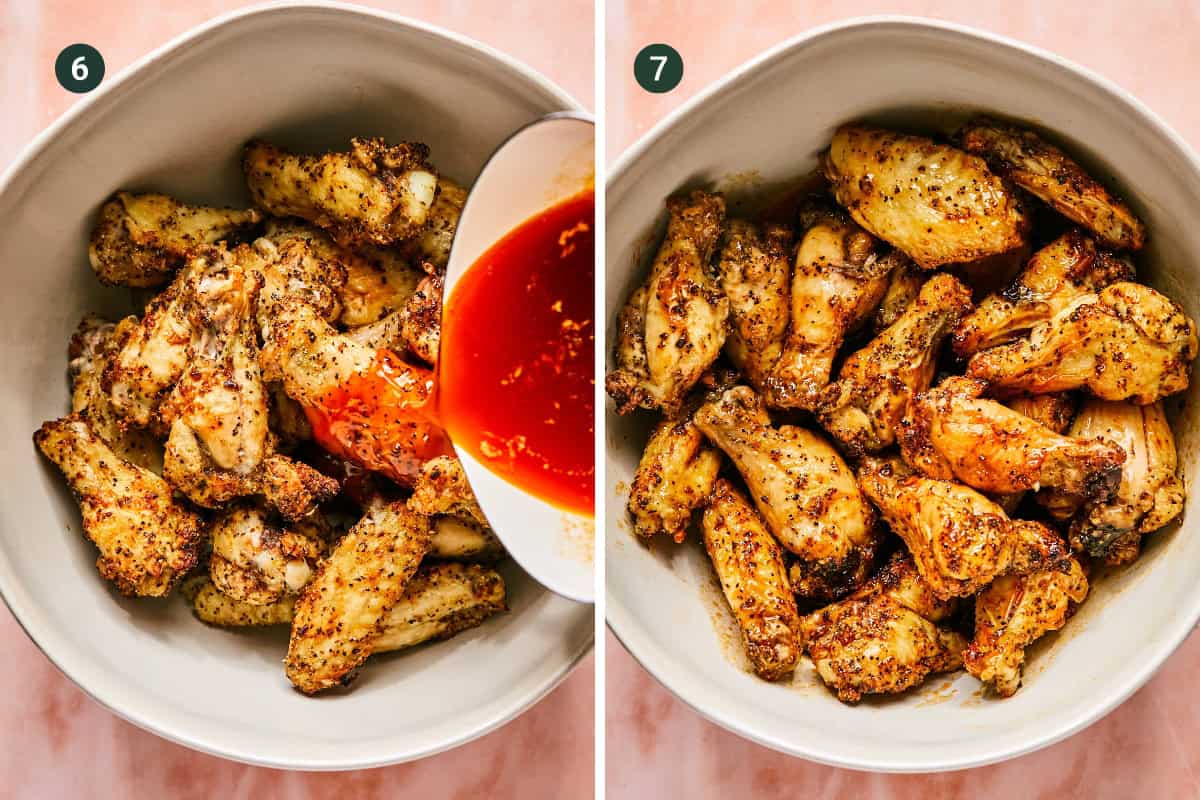 Two bowls of Hot Honey Lemon Pepper Wings side by side; the left shows wings with sauce being poured on, while the right displays fully coated wings in a red and speckled seasoning. Steps 6 and 7 are labeled in the corners.