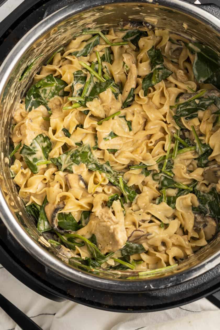 Chicken stroganoff in the instant pot with spinach.