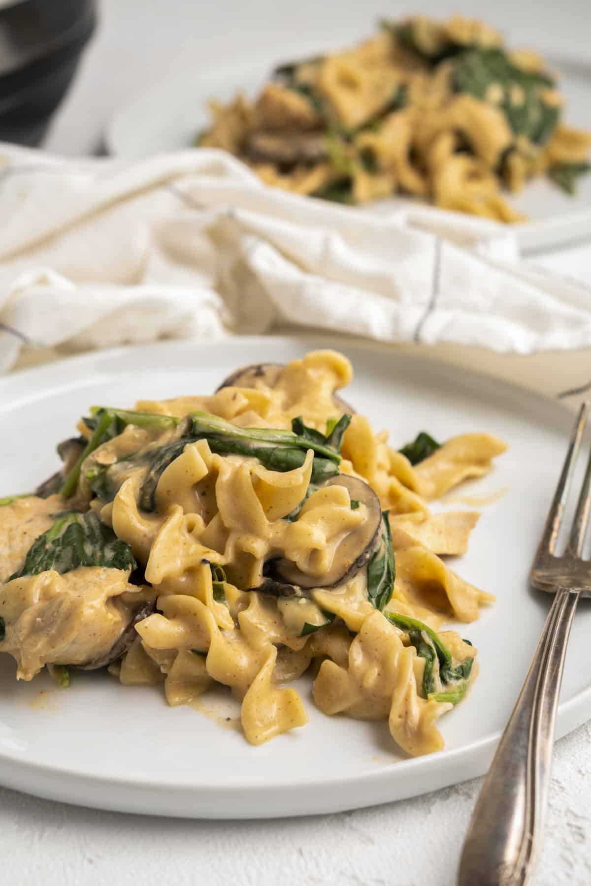 Chicken stroganoff plated with a fork. 