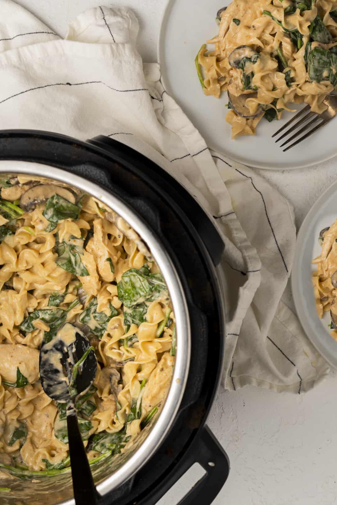 Stroganoff in the instant pot with 2 dishes plated. 