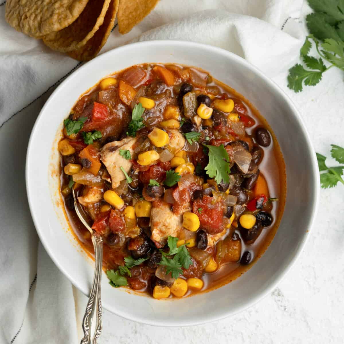Bowl of black bean chili with chicken, corn and cilantro on top.