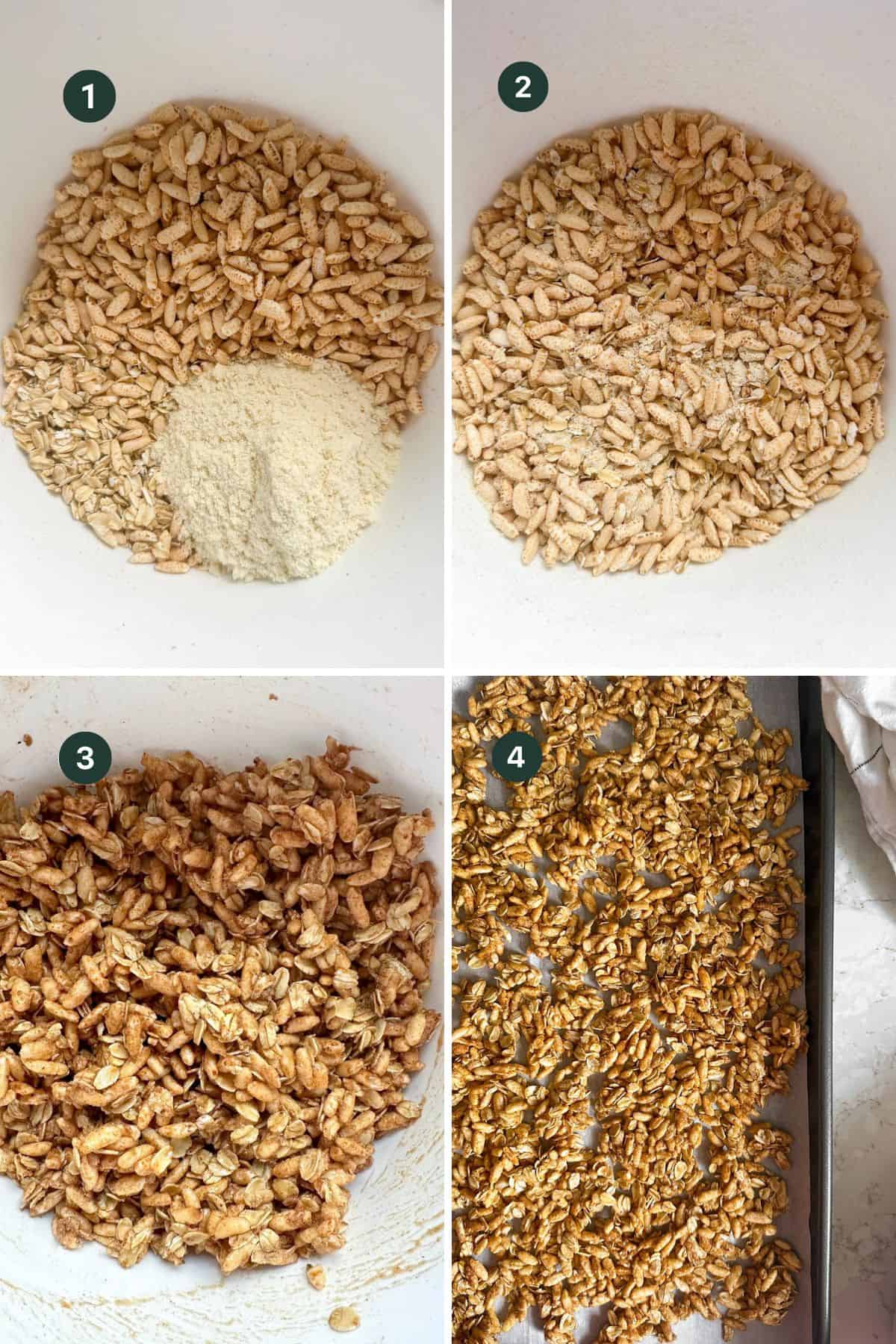 Four images showing adding the granola ingredients to a mixing bowl, add the coconut oil and spreading on a baking sheet to bake. 