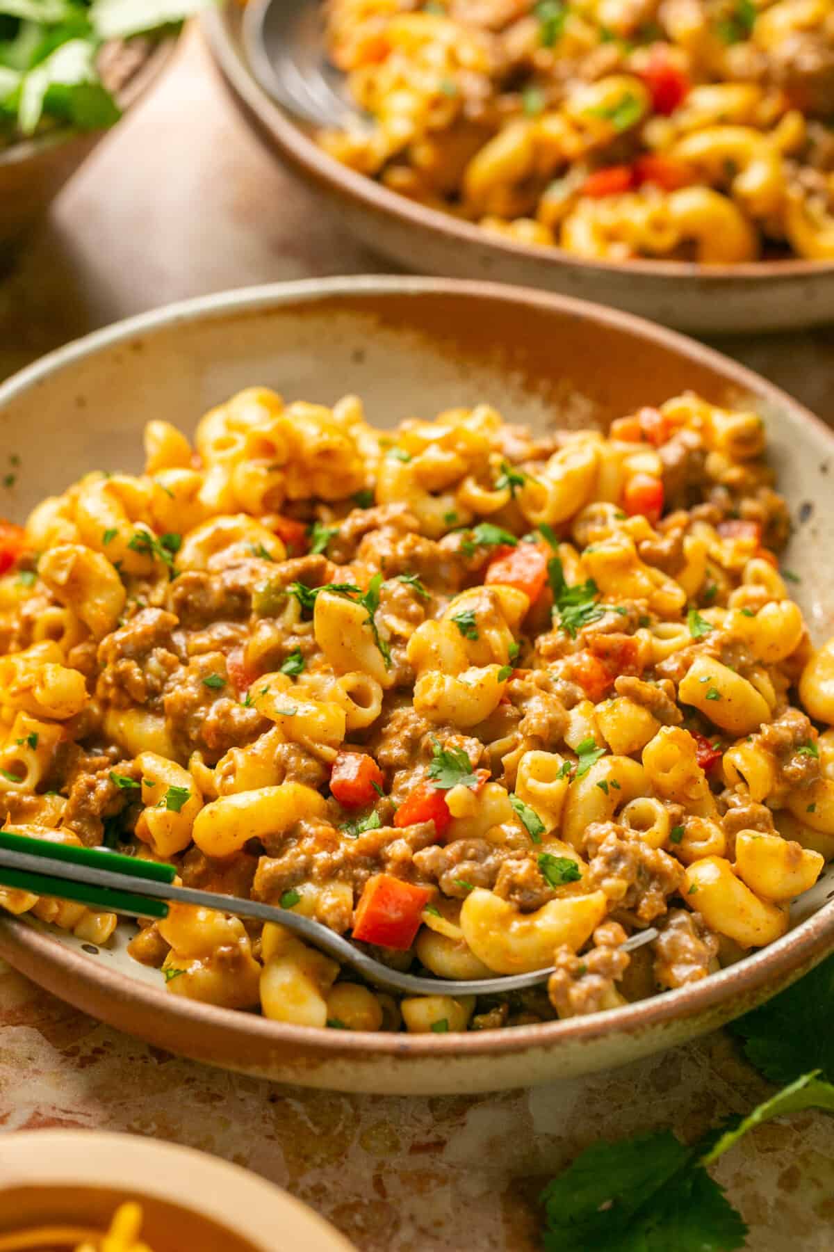 Bowl of taco mac and cheese ready to serve. 