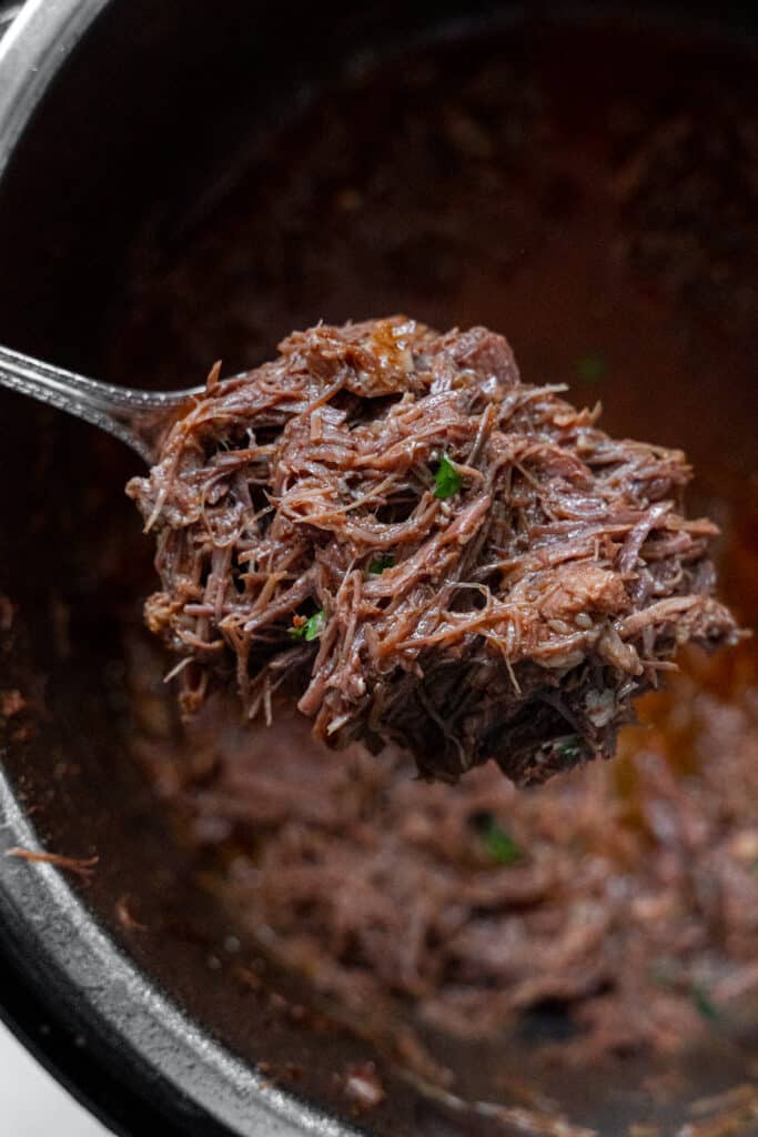 Spoon with a scoop of shredded beef.