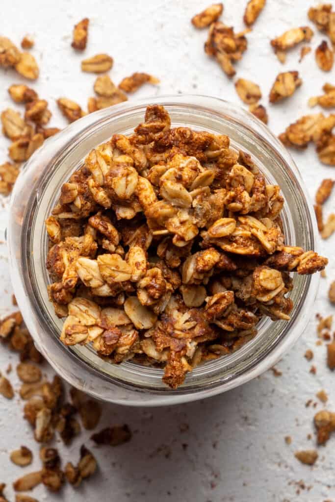 Glass jar of pumpkin spice granola.