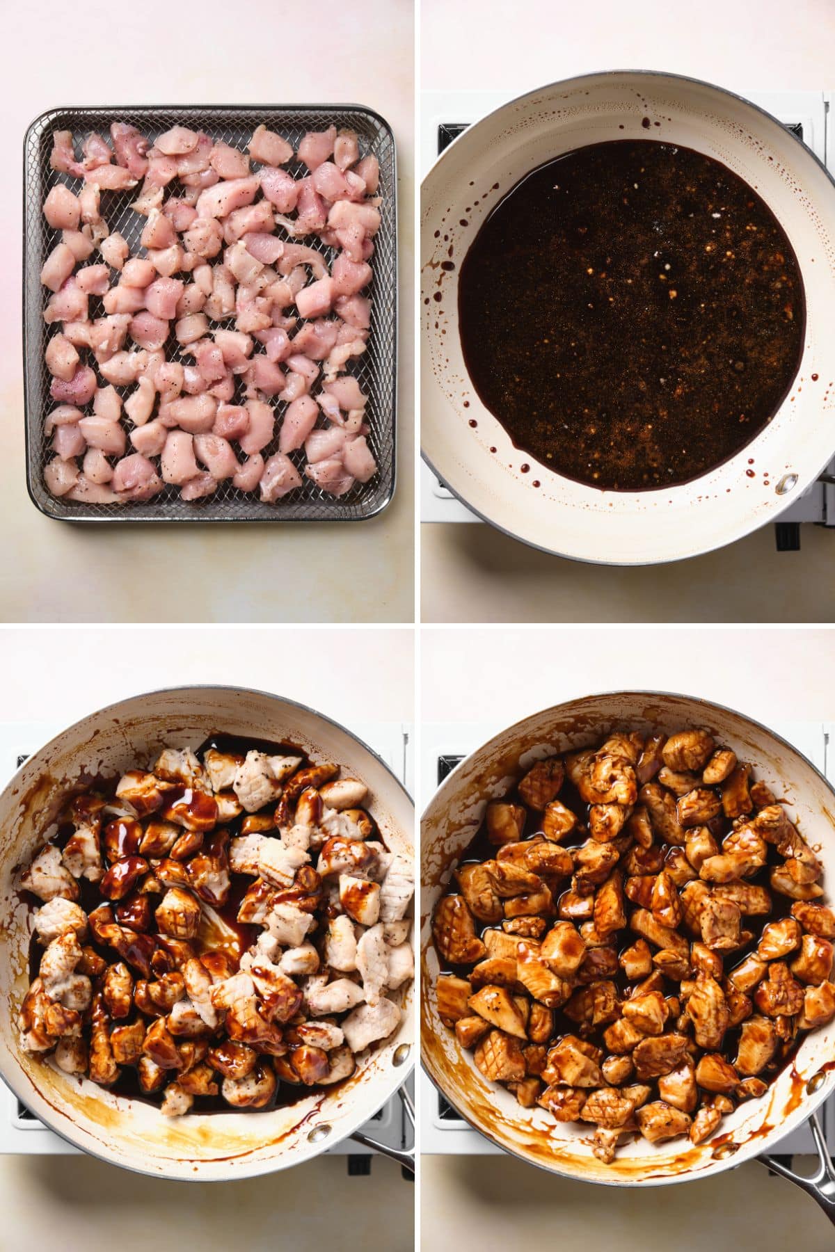 Collage of cooking and flavoring chicken with homemade teriyaki sauce.