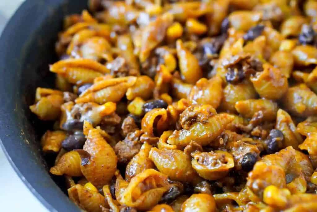 Skillet with a taco pasta.