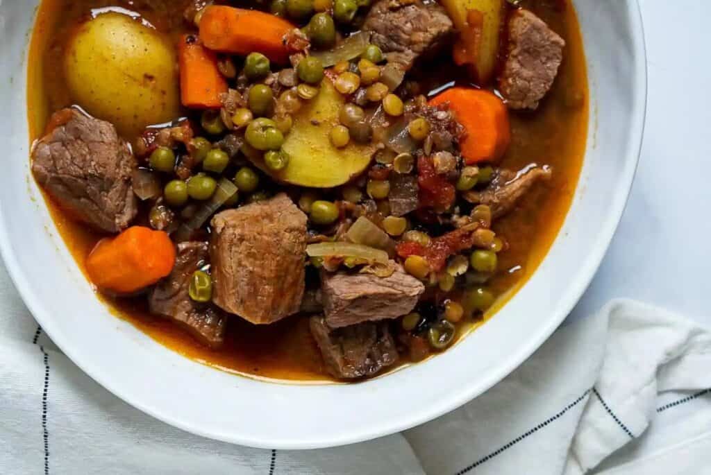 Bowl of beef and lentil stew.
