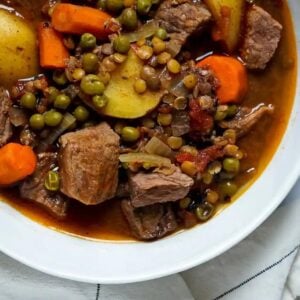 Bowl of beef and lentil stew.