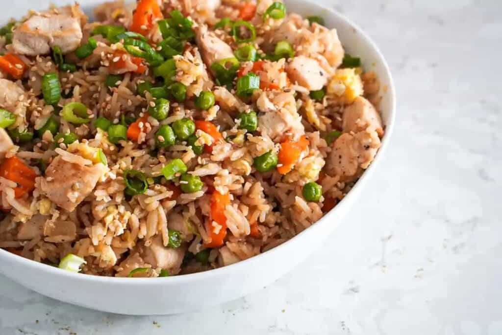 Bowl of chicken fried rice.