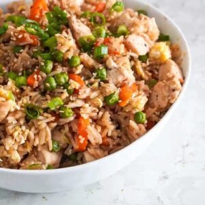 Bowl of chicken fried rice.